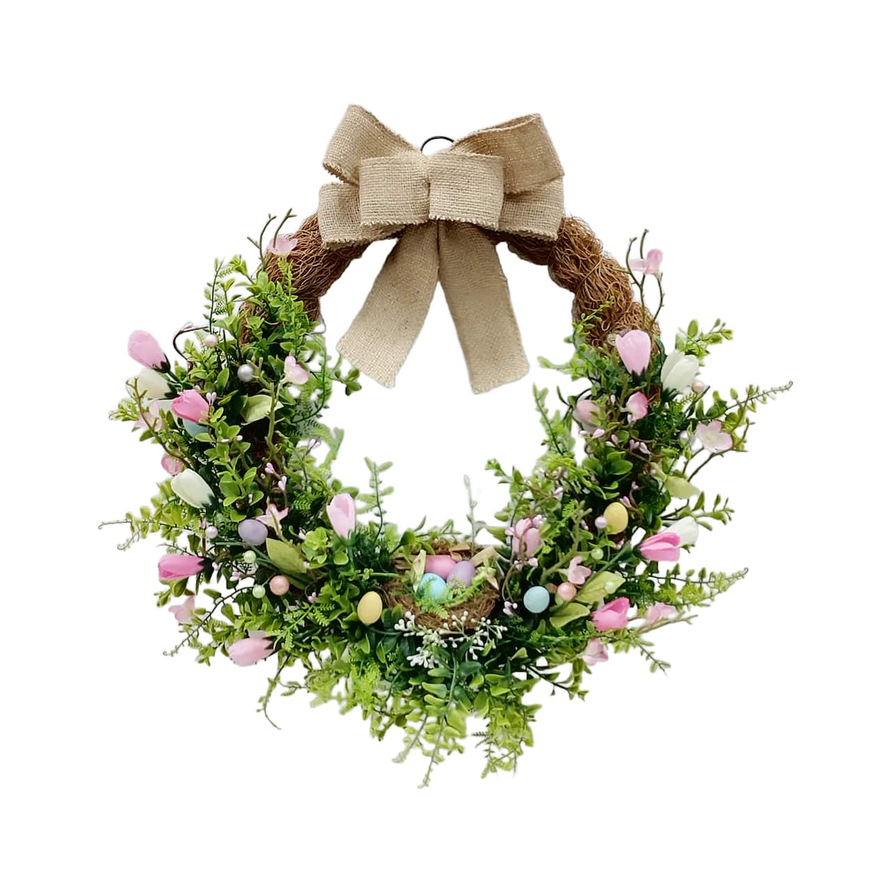 20" Natural Bow, Speckled Egg & Pastel Tulip Wreath with Nest by Ashland®
